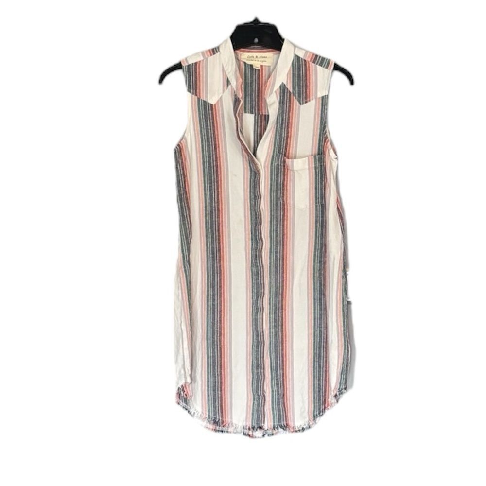 Cloth & Stone Women’s Striped Linen Sunburst High Low Fray Hem Button Down Dress